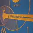 strategy printed in a hand and the hand holding a spanner also the background full of circles and symbols